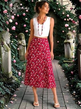 Vtg 80s Jantzen Classics USA Ditsy Floral Gored Skirt Cotton Knit Cottagecore M